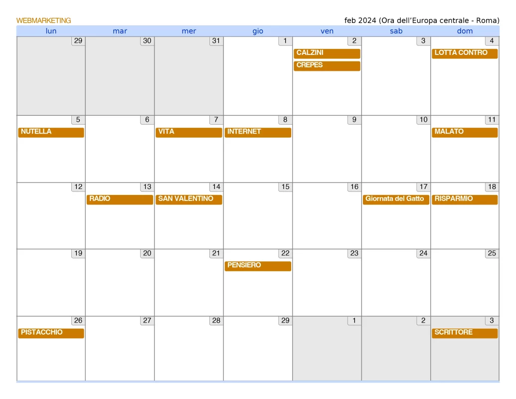 calendario marketing febbraio 2024