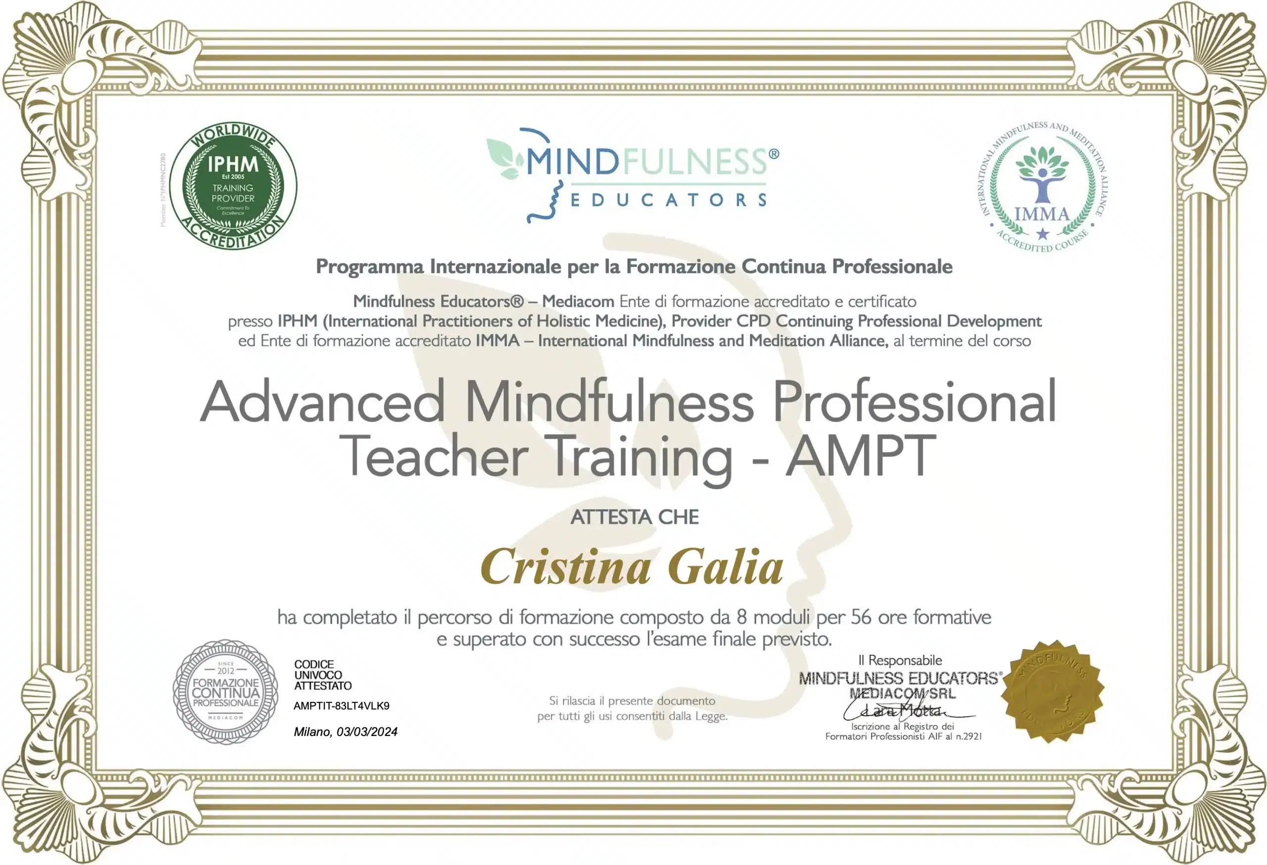 Certificato Mindfulness Educators AMPT