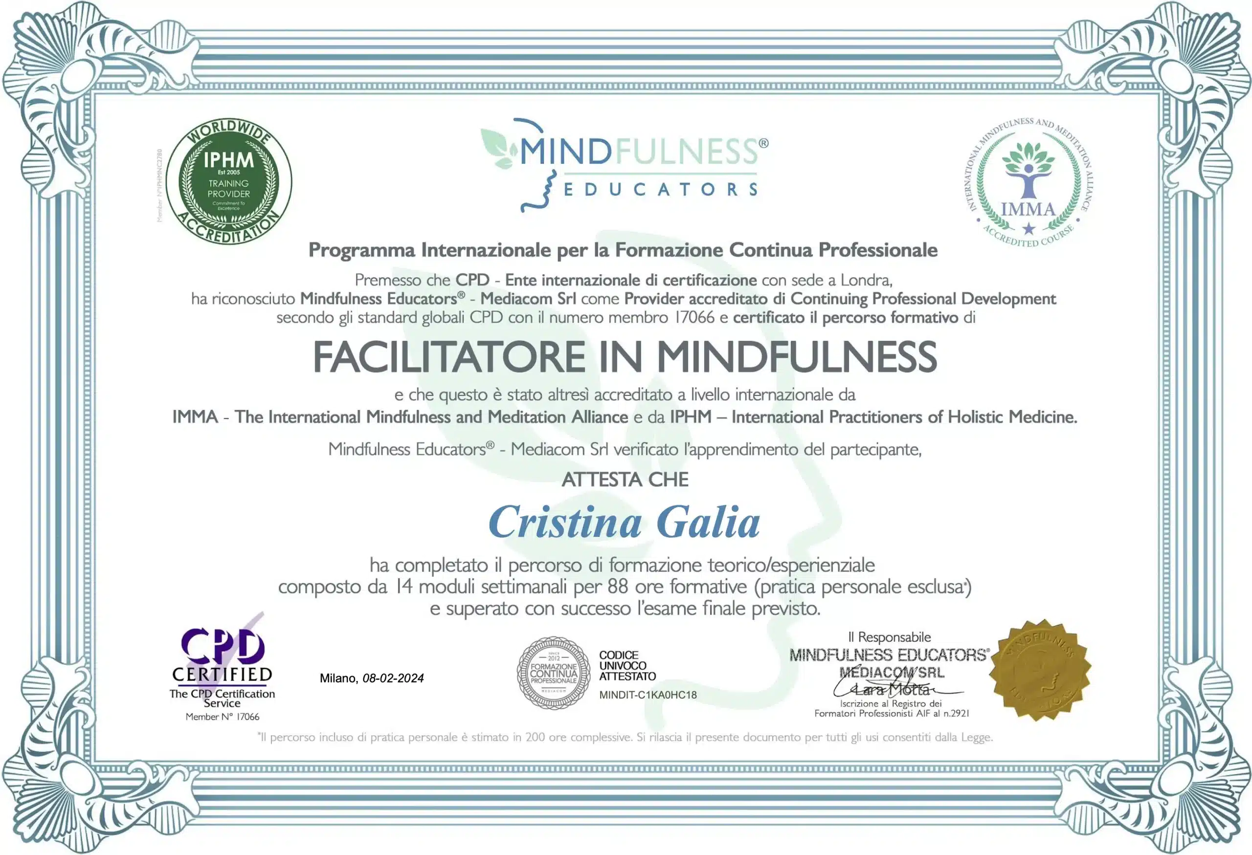 Cristina Galia - Certificato Mindfulness Educators